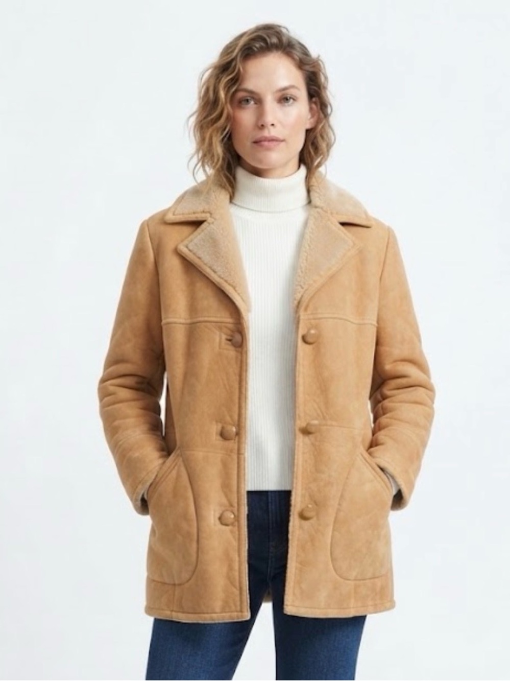 Vintage 70s Genuine Sheepskin Shearling Car Coat Tan Suede Fur Collar